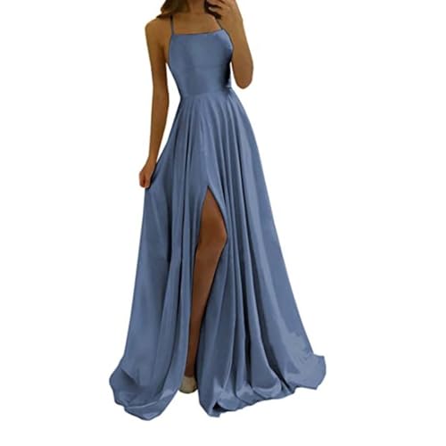 Abendkleid Damen Elegant Neckholder Cocktailkleid Chiffon Rückenfreies Abschlusskleid Partykleid Mit Schlitz Ärmellos Brautjungfernkleider Wickelkleid Spitzenkleid Spaghettiträgern,Light Blue,S von Didadihu