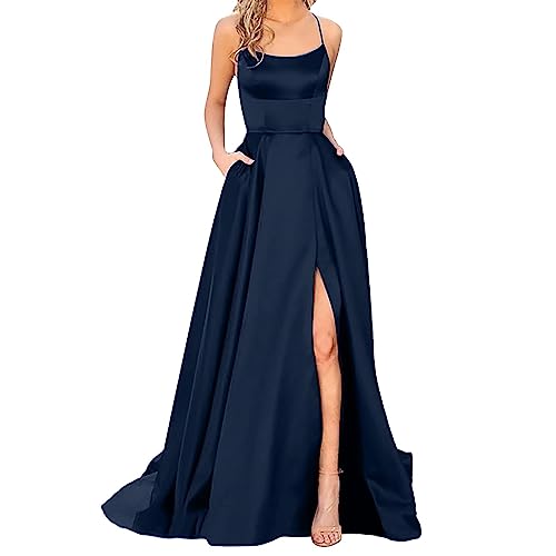 Ballkleider Off Shoulder Kleider Damen Lang Elegant Hochzeit A-Linie Criss-Cross Satin Spaghetti Party Prom Maxi Dress Abendkleider Schlitz Brautkleid Festkleider Damen,Dark Blue,XXL von Didadihu