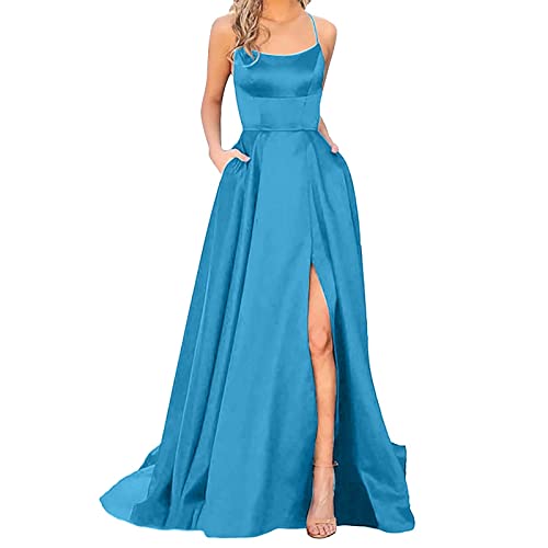 Ballkleider Off Shoulder Kleider Damen Lang Elegant Hochzeit A-Linie Criss-Cross Satin Spaghetti Party Prom Maxi Dress Abendkleider Schlitz Brautkleid Festkleider Damen,Himmelblau,L von Didadihu