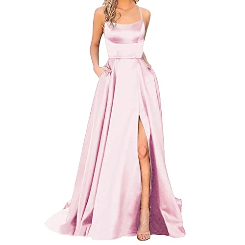 Ballkleider Off Shoulder Kleider Damen Lang Elegant Hochzeit A-Linie Criss-Cross Satin Spaghetti Party Prom Maxi Dress Abendkleider Schlitz Brautkleid Festkleider Damen,Rosa,M von Didadihu