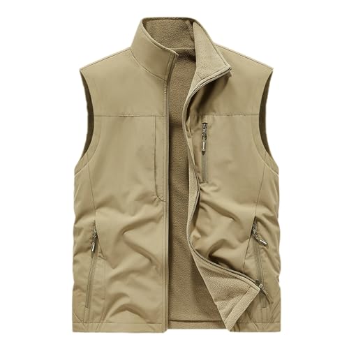 Didadihu Ärmellose Dicke Herren Weste Mit Stehkragen Freizeit Steppweste Hybrid Mit Kapuze Thermo Weste Sport Weste Laufweste,Khaki,XXL von Didadihu