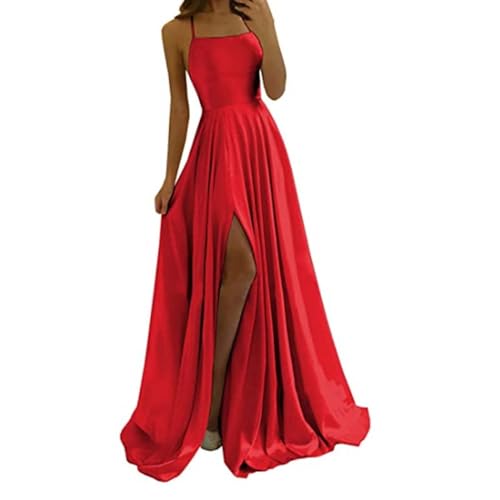 Didadihu Ballkleider Damen Lang Ärmellos Partykleid Rückenfreies Chiffon Cocktailkleid Abschlusskleid Mit Schlitz Spaghettiträgern Abendkleide Jugendweihe Abschlussballkleid Neckholder,Rot,S von Didadihu