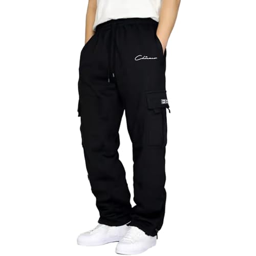 Didadihu Breite Cargo Jogginghose Trainingshose Herren Freizeithose Sweatpants Gym Hose Herren Baumwolle Sporthose Trainingshose Men's Activewear Für Herren Jogginghose Baggy Lang 183,Schwarz,4XL von Didadihu