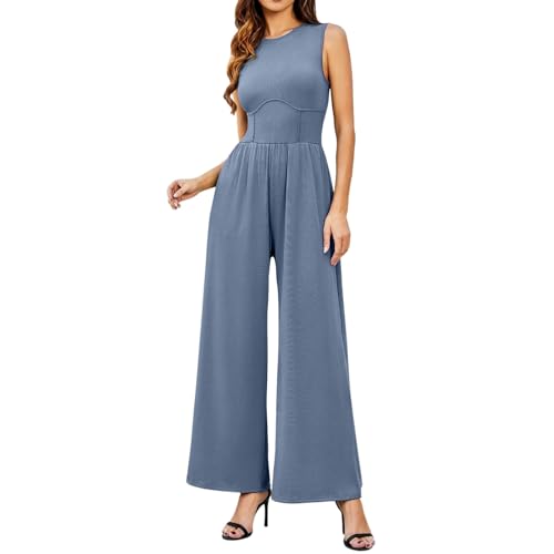 Didadihu Damen Ärmellos O-Ausschnitt Elegant Lang Jumpsuit Overall Hosenanzug Playsuit Romper Mit Weites Bein@ von Didadihu