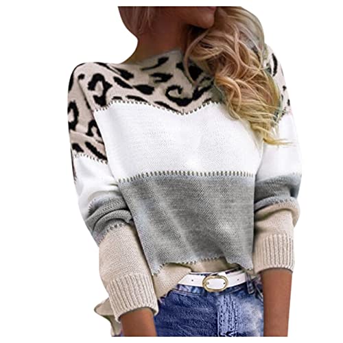 Didadihu Damen Pullover Elegant - Leopard Strickpullover Winterpullover Langarm Rundhals Sweater Patchwork Sweatshirt Herbst Winter Elegant Pulli Warme Ausgefallene Italienische Damenpullover Jumpers von Didadihu