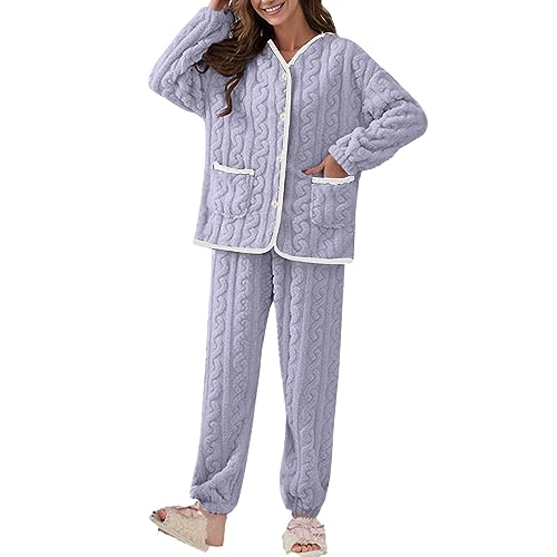 Didadihu Damen Schlafanzug Lang Winter Schwarz Winterschlafanzug Langarm Capri Pyjama Sexy Winterschlafanzug Warm Partner Pyjama Hosen Pyjama Hosen Hausanzug von Didadihu