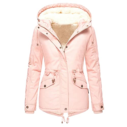 Didadihu Damen Winterjacke, Warme Gefüttert Lange Winterparka Female Dicke Jacke Fellkapuze Softshellmantel Kurz Grosse Grössen Wintermantel Outdoorjacke Trenchcoat Kunstfell Teddyfutter,Rosa,3XL von Didadihu