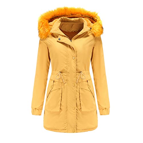 Didadihu Damen Winterjacke - Lang Teddy Jacke Warm Teenager Mantel Fellkapuze Übergangsjacke Outdoor Dicke Winterparka Kapuzenjacke Trenchcoat Warme Gefüttert Rote,Gelb,3XL von Didadihu