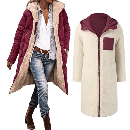 Didadihu Damen Wintermantel Lang Lang Outdoor Daunenmantel Norway Mit Kapuze Winter Mantel Stehkragen Winterparka Lang Leichter Mäntel Softshellmantel Wollmantel Sherpa Mit Kapuze von Didadihu