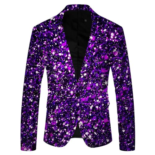 Didadihu Glitzer Outfit Herren Glitzer Anzug Pailletten Sakko Slim Fit Karneval Kostüm Pailletten Anzug Glitzer Outfit Silber Festlich Glitzer Blazer Anzüge Smoking Lila L von Didadihu