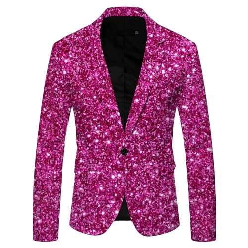 Didadihu Glitzer Sakko Herren Glitzer Outfit Anzugjacke Sportlich Party Glitzer Anzug Pailletten Anzug Slim Fit Performance Kostüm Glitzer Blazer Smoking Jacket Hot Pink XL von Didadihu