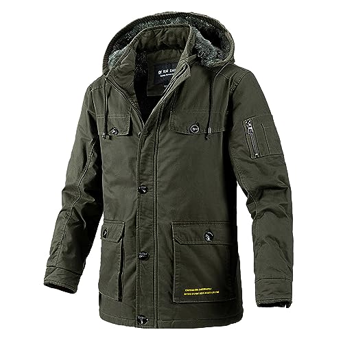 Didadihu Herren Jacke : Fell Kapuze Schwarz Mantel Gefütterte Fleecefutter Jacke Lang Jacke Übergröße Outdoor Parka Jacket Skijacke Große Größen Softshell,Grün,XL von Didadihu