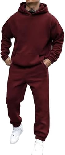 Didadihu Jogginganzug Herren Trainingsanzug Hausanzug Mit Oversized Essentials Pullover Y2K Stussy Hoodie Und Baggy Baumwolle Jogginghose Lang Trainingshose Jogger,Wine,L von Didadihu