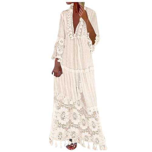 Didadihu Langes Kleid Damen 3/4 Ärmel V-Ausschnitt Maxikleid Sommerkleid Vintage Boho Hippie Kleid lang Floral Party Spitzenkleid Strandkleid Cocktailkleid,Beige,XXL von Didadihu