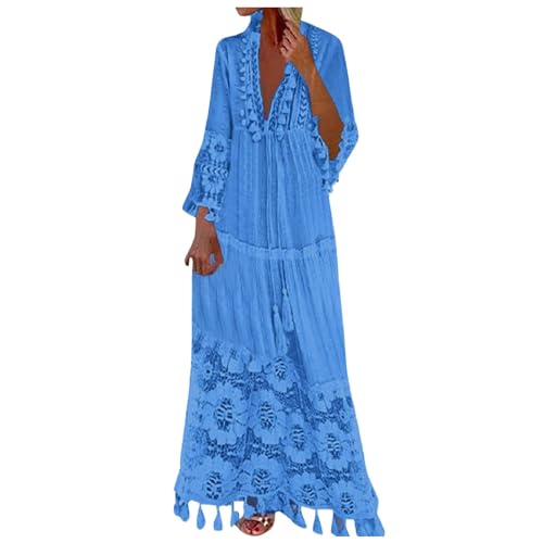 Didadihu Langes Kleid Damen 3/4 Ärmel V-Ausschnitt Maxikleid Sommerkleid Vintage Boho Hippie Kleid lang Floral Party Spitzenkleid Strandkleid Cocktailkleid,Blau,XXL von Didadihu