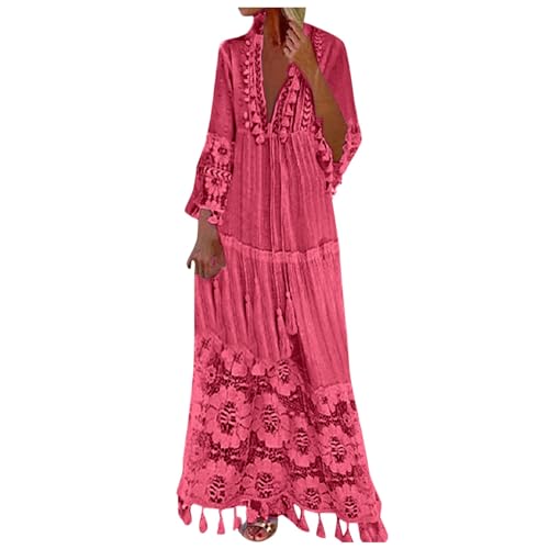 Didadihu Langes Kleid Damen 3/4 Ärmel V-Ausschnitt Maxikleid Sommerkleid Vintage Boho Hippie Kleid lang Floral Party Spitzenkleid Strandkleid Cocktailkleid,Rosa,L von Didadihu