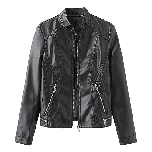 Lederjacke Damen Mit Kapuze Echtleder Slim Fit Kurz Leder Jacken Bikerjacke Wildlederjacke Große Größen,02 Schwarz,L von Didadihu