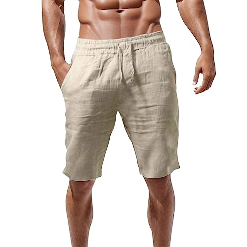 Didadihu Leinen Kurze Hosen Herren Casual Herren Shorts Loose Mit Taschen Bermuda Shorts Kurze Hosen Lockere Passform Elastische Taille Sommer Leinenhose Chino Shorts Sommershorts,Beige,S von Didadihu