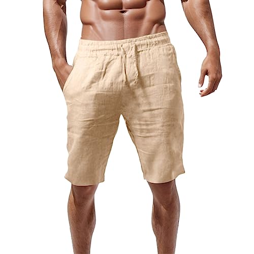 Didadihu Leinen Kurze Hosen Herren Lockere Passform Kurze Hosen Mit Taschen Loose Bermuda Shorts Herren-Shorts Elastische Taille Casual Sommer Sport Shorts Freizeithose Sommershorts,Gelb,M von Didadihu