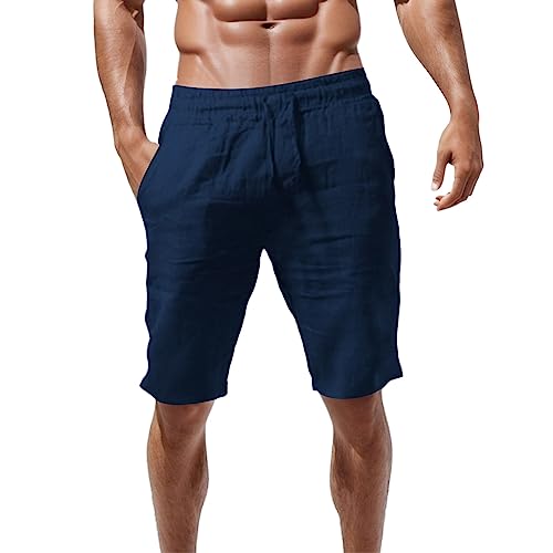 Didadihu Leinen Kurze Hosen Herren Lockere Passform Kurze Hosen Mit Taschen Loose Bermuda Shorts Herren-Shorts Elastische Taille Casual Sommer Sport Shorts Freizeithose Sommershorts,Marineblau,M von Didadihu