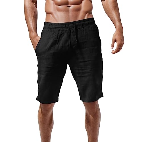 Didadihu Leinen Kurze Hosen Herren Lockere Passform Kurze Hosen Mit Taschen Loose Bermuda Shorts Herren-Shorts Elastische Taille Casual Sommer Sport Shorts Freizeithose Sommershorts,Schwarz,XL von Didadihu