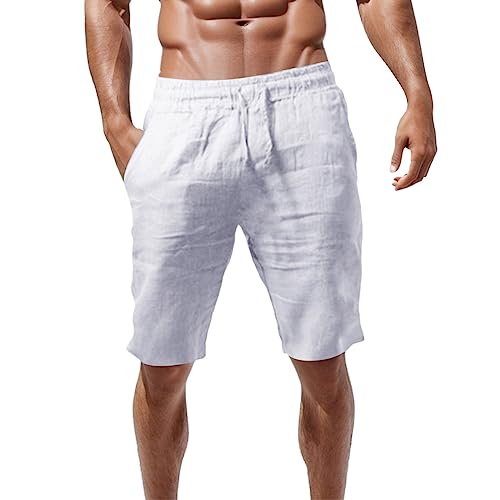 Didadihu Leinen Kurze Hosen Herren Lockere Passform Kurze Hosen Mit Taschen Loose Bermuda Shorts Herren-Shorts Elastische Taille Casual Sommer Sport Shorts Freizeithose Sommershorts,Weiss,XXL von Didadihu