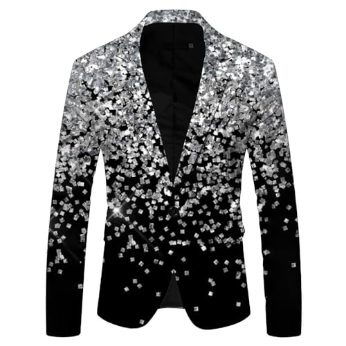 Didadihu Pailletten Anzug Herren Glitzer Anzug Pailletten Sakko Slim Fit Karneval Kostüm Glitzer Outfit Pailletten Anzug Silber Party Glitzer Blazer Smoking Anzüge Schwarz 3XL von Didadihu