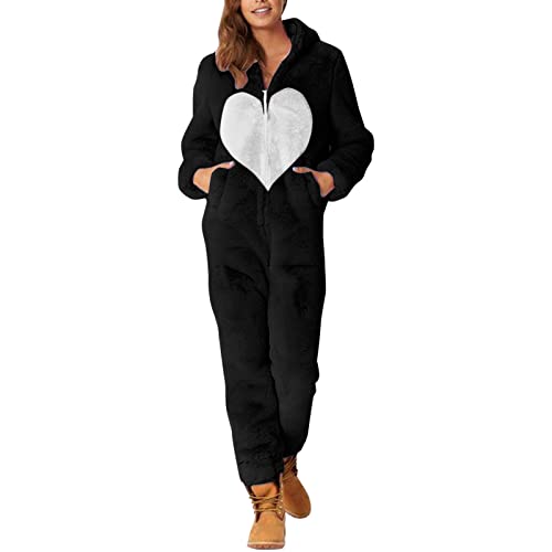 Didadihu Pyjama Damen Lang - Winter Mädchen Schlafanzug Teddy Fleece Flauschige Jumpsuit Langarm Sleepwear Elegant Reißverschluss Hausanzug Overall Schlafoverall Kapuze Weich von Didadihu