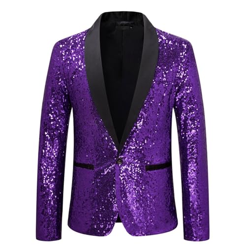 Didadihu Sakko Herren Glitzer Blazer Sakkos Party Party Glitzer Anzug Karneval Kostüm Hochzeit Festlich Pailletten Sakko Jacket Smoking,Lila,L von Didadihu