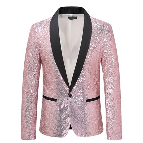 Didadihu Sakko Herren Glitzer Blazer Sakkos Party Party Glitzer Anzug Karneval Kostüm Hochzeit Festlich Pailletten Sakko Jacket Smoking,Rosa,L von Didadihu