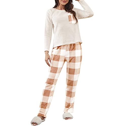 Didadihu Schlafanzug Damen Fleece Aesthetic Pyjama Set Stitch Knopfleiste Schlafanzug Set Kurz Hausanzug Kuschelig Thermo Schlafanzug Hose Unterwäsche Pyjamahose Frottee Weich von Didadihu