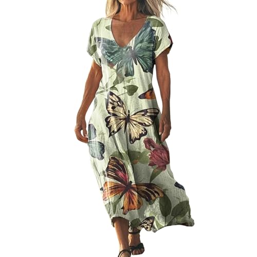 Didadihu Sommerkleid Damen Lang Boho Strandkleid Elegant Maxikleid V-Ausschnitt Kurzarm Sommer Tunika Kleid Leicht Luftig,01 Grün,M von Didadihu