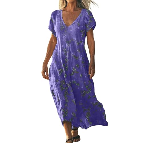 Didadihu Sommerkleid Damen Lang Boho Strandkleid Elegant Maxikleid V-Ausschnitt Kurzarm Sommer Tunika Kleid Leicht Luftig,03 Lila,M von Didadihu