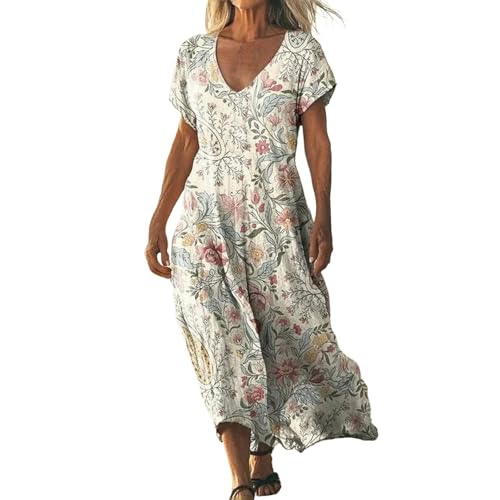 Didadihu Sommerkleid Damen Lang Boho Strandkleid Elegant Maxikleid V-Ausschnitt Kurzarm Sommer Tunika Kleid Leicht Luftig,04 Beige,M von Didadihu