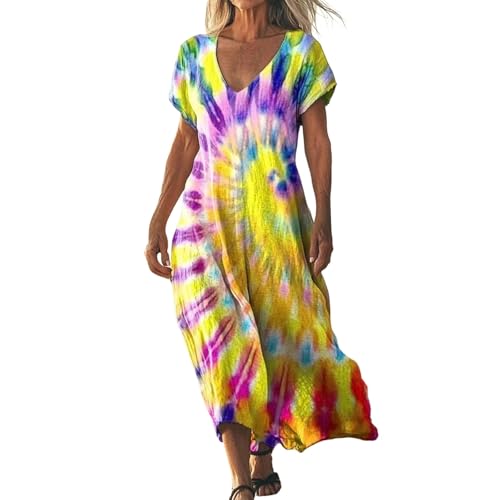 Didadihu Sommerkleid Damen Lang Boho Strandkleid Elegant Maxikleid V-Ausschnitt Kurzarm Sommer Tunika Kleid Leicht Luftig,07 Gelb,3XL von Didadihu