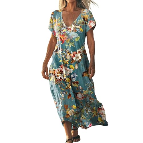 Didadihu Sommerkleid Damen Lang Boho Strandkleid Elegant Maxikleid V-Ausschnitt Kurzarm Sommer Tunika Kleid Leicht Luftig,08 Grün,XL von Didadihu