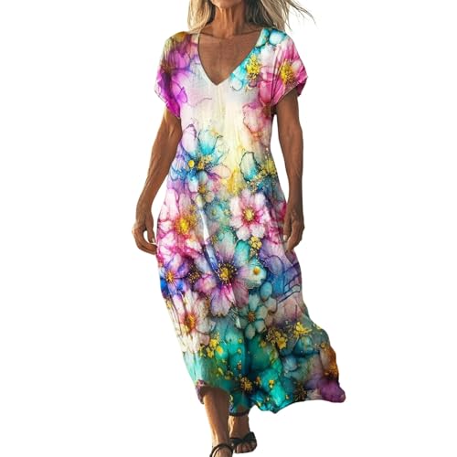 Didadihu Sommerkleid Damen Lang Boho Strandkleid Elegant Maxikleid V-Ausschnitt Kurzarm Sommer Tunika Kleid Leicht Luftig,15 Mehrfarbig,L von Didadihu