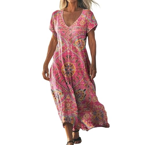 Didadihu Sommerkleid Damen Lang Boho Strandkleid Elegant Maxikleid V-Ausschnitt Kurzarm Sommer Tunika Kleid Leicht Luftig,16 Rosa,M von Didadihu