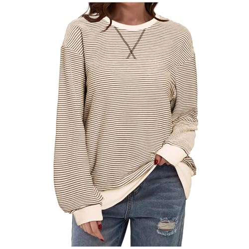 Sweatshirt Damen Oversize Gestreift Langarm Pullover Rundhals Sweater Lässig Locker Y2K-Shirt Sport Langarmshirt,Khaki,XL von Didadihu