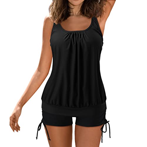 Didadihu Tankini Oberteil Damen Bauchweg Mit Badeshorts Große Größen Zweiteiler Bademode Set Sport Push Up Badeanzug Sommer Badeanzüge Swimsuit Bademode Beachwear,01 Schwarz,XXL von Didadihu