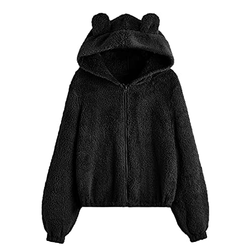 Didadihu Teddyjacke Damen Zipper Kurz Mantel Mit Kapuze Dicke Sweatjacke Schwarz Fleecemantel Winter Frauen Winterjacke Kapuzenjacke Sweatshirtjacke Lange Große Größen von Didadihu