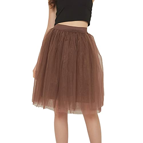 Didadihu Tüllrock Damen Hohe Taille 80er Unterrock Crinoline Party Petticoat Karneval Kostüm Rockabilly Tüllrock Faltenrock Midirock 50er Vintage,Coffee,L von Didadihu