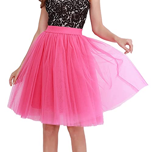 Didadihu Tüllrock Damen Hohe Taille 80er Unterrock Crinoline Party Petticoat Karneval Kostüm Rockabilly Tüllrock Faltenrock Midirock 50er Vintage,Hot Pink,M von Didadihu