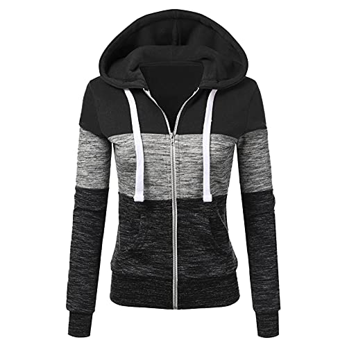 Didadihu Zip Hoodie Damen - Leichte Pulli Mit Kapuze Mädchen Sweatshirt Farbblock Sweatjacke Wollmantel Winter Teddy Strickjacke Schwarz Ausgefallene Pullover Shirtjacke Daunenjacke von Didadihu