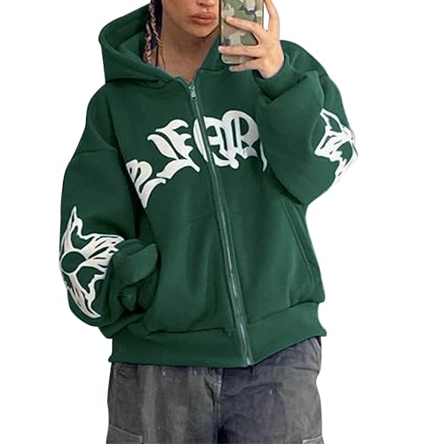 Didadihu Zip Hoodie Y2K - Herren Damen Vintage Hoodie Y2K Oversize Zip Up Pullover Unisex Baggy Zipper Streetwear Review Mit Print von Didadihu