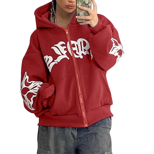 Didadihu Zip Hoodie Y2K - Herren Damen Vintage Hoodie Y2K Oversize Zip Up Pullover Unisex Baggy Zipper Streetwear Review Mit Print von Didadihu