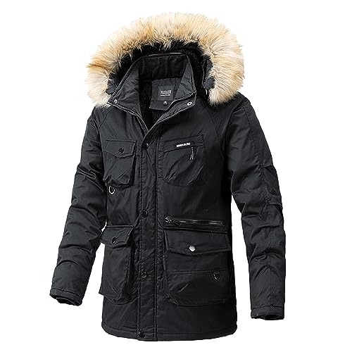 Herren Winterjacke Lang : Lange Softshell Parka Fell Kapuze Warme Mantel Winter Skijacke Übergröße Winddicht Wintermantel Jacket Jacke Mit Futter Outdoor,Schwarz,4XL von Didadihu