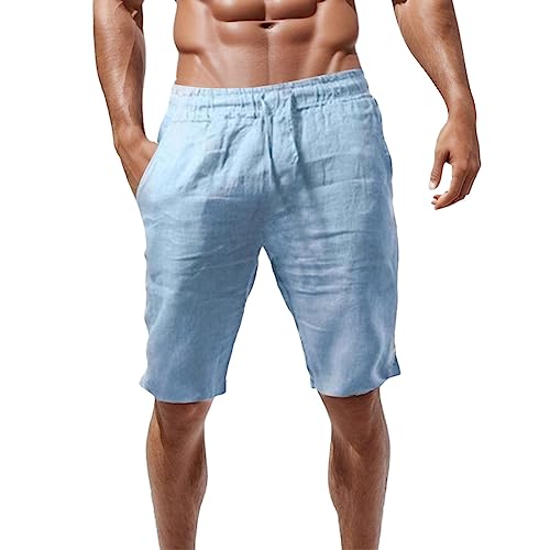 Leinen Shorts Herren Casual Bermuda Shorts Mit Taschen Loose Kurze Hosen Herren Shorts Elastische Taille Lockere Passform Sommer Sport Shorts Laufshorts Trainingshose,Blau,XXL von Didadihu