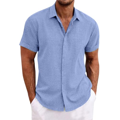 Leinenhemd Herren Kurzarm Leinen Button Down Hemd Regular Fit Sommer Strand Freizeithemden Shirt Herren,Blau,XL von Didadihu