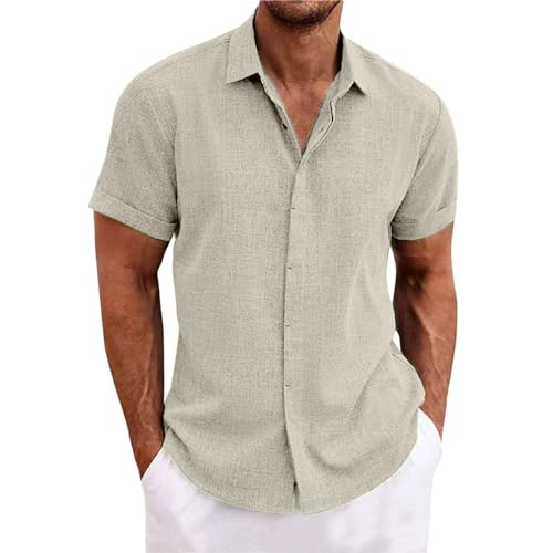 Leinenhemd Herren Kurzarm Leinen Button Down Hemd Regular Fit Sommer Strand Freizeithemden Shirt Herren,Khaki,M von Didadihu